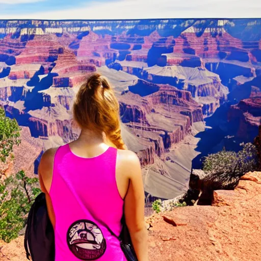 Prompt: a young woman with long pink hair looking at grand canyon, hiking clothes, tank top, backpack, arizona, grand canyon in background, cinematic, beautiful, stunning, morning, epic, 8 k