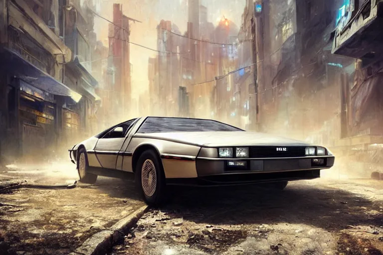 Image similar to highly detailed photograph of a delorean parked on the streets of a cyberpunk abandoned city, doors are open, by greg rutkowski and stanley artgerm and alphonse mucha, octane, sharp focus, hyperrealistic, masterpiece