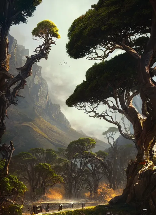 Image similar to hyper realistic robot attacking cape town city beautiful details, gnarly trees, strong composition, poster painted by greg rutkowski, concept art, arcane style, hearthstone wizards of the coast norman rockwell, james gurney and greg rutkowski weta studio, and lucasfilm and best of artstation