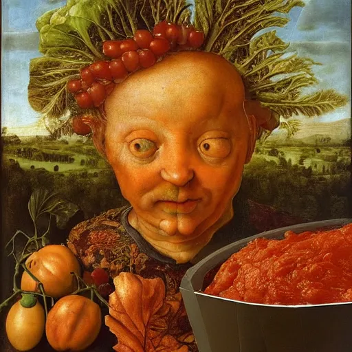 Image similar to a boy sitting in a tub full of tomato sauce, a lot of cabbage, by giuseppe arcimboldo and ambrosius benson, renaissance, fruit, intricate and intense oil paint, realistic