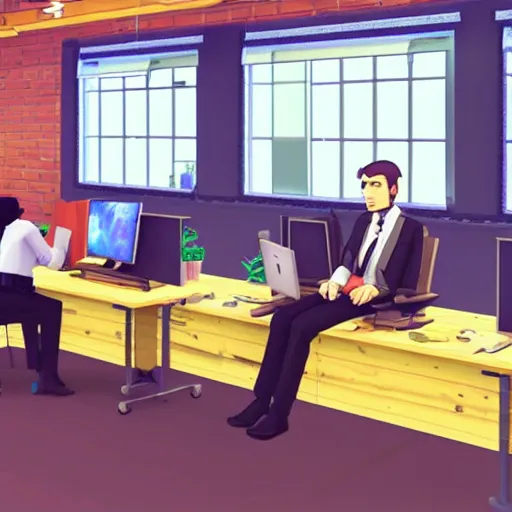 Prompt: “office workers sitting in their desks wearing suits in the style of stardew valley”