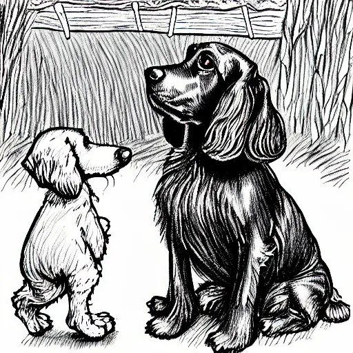 Image similar to a cute spaniel playing with Rupert Bear, illustration, hand drawn