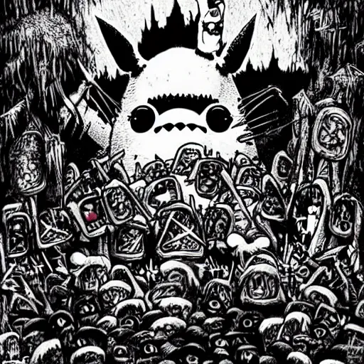 Image similar to totoro in a black metal band in a concert, dressed like band metal marduk, mayhem, burzum, immortal, a crowd cheering, a drummer, electric guitar, sparkles all around, fantasy digital art, wow, stunning, ghibli style, hight quality