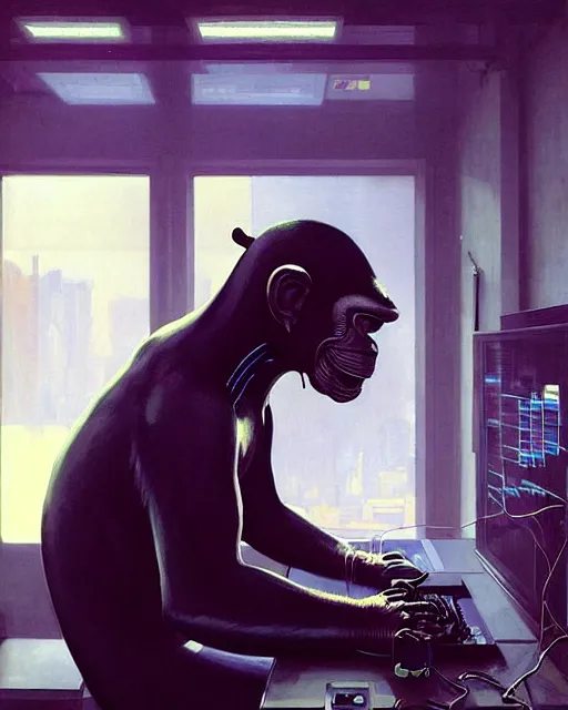 Prompt: cyberpunk hacker chimpanzee at the computer. sci - fi art by greg rutkowski, gustave courbet, rosa bonheur, edward hopper. faithfully depicted facial expression, perfect anatomy, sharp focus, global illumination, radiant light, detailed and intricate environment, trending on artstation