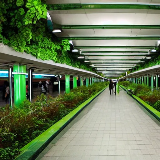 Prompt: subway station, lots of green, plants, ecofuturism