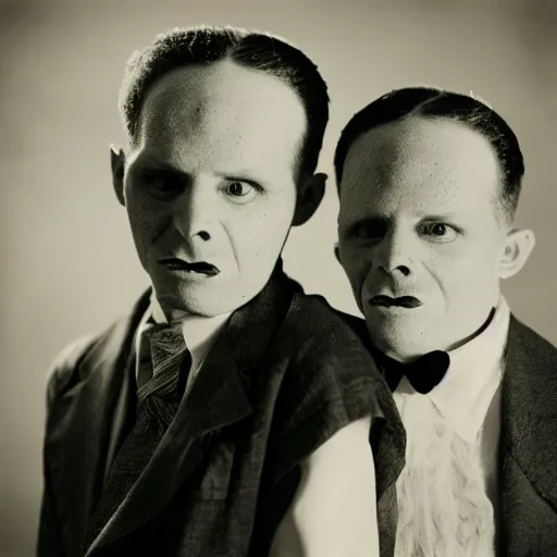 Prompt: a monochromatic studio portrait photograph of a two - headed man from the 1 9 4 1 movie freaks, in the style of diane arbus, dramatic lighting