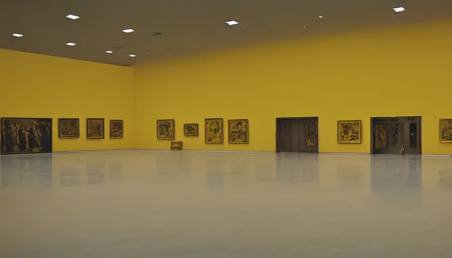 Prompt: 60s movie still of a sovietic stalinist style empty art museum with a soviet congress with yellow wall, KODAK EBX, liminal Space style, heavy grain