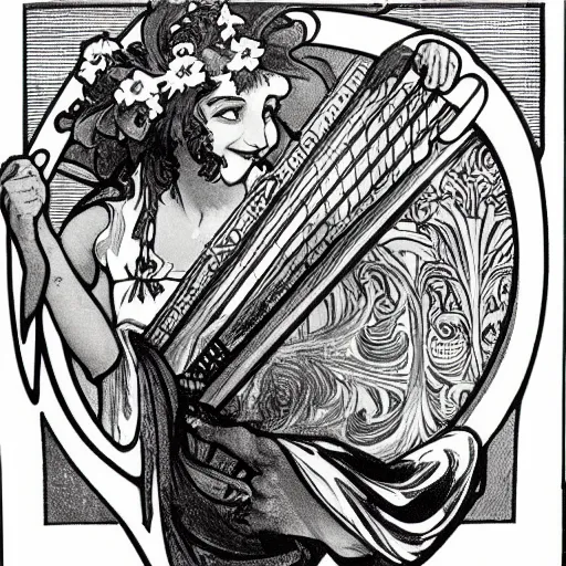 Image similar to a Happy Jester playing the harp, in the style of Alphonse Mucha