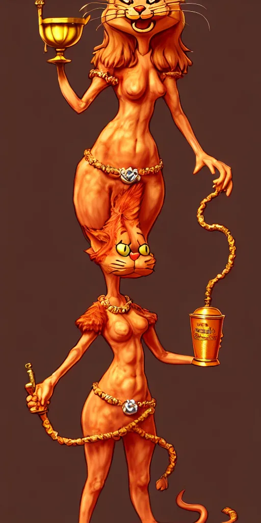 Prompt: fullbody!! personification of garfield the cat garfield goddess holding a blood chalice, detailed, stunning, garfield cat face, hyperrealistic, trending on artstation, smooth and sharp, intricate, highly detailed, elegant, professional character concept art by tatyana kupriyanova