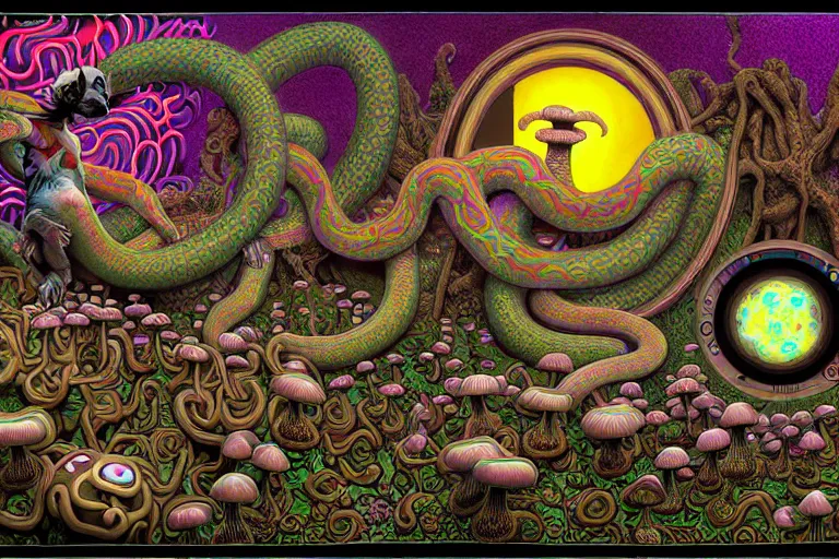 Image similar to a detailed digital art painting of a cell shaded cyberpunk ornate magick oni aztec ferret with occult futuristic effigy of a beautiful field of mushrooms that is a adorable lemur atomic latent snakes in between lizard biomorphic molecular psychedelic hallucinations in the style of escher, alex grey, stephen gammell inspired by realism, symbolism, magical realism and dark fantasy, crisp