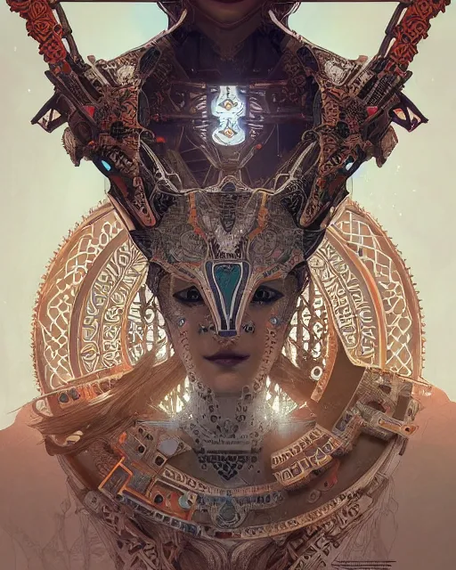 Image similar to symmetry!! portrait of a machine from horizon zero dawn, machine face, decorated with islamic motifs, intricate, elegant, highly detailed, digital painting, artstation, concept art, smooth, sharp focus, illustration, art by artgerm and greg rutkowski and alphonse mucha, 8 k