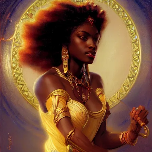 Image similar to young black woman, goddess of light, long flowing hair, smug expression, highly detailed painting by gaston bussiere, craig mullins, j. c. leyendecker 8 k