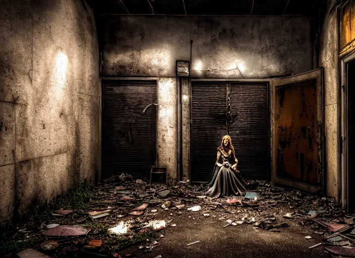 Prompt: photo of an alley of an abandoned city at night with a lone elven woman warrior sitting in the corner next to a closed door. Fantasy magic horror style. Highly detailed 8k. Intricate. Nikon d850 55mm. Award winning photography.