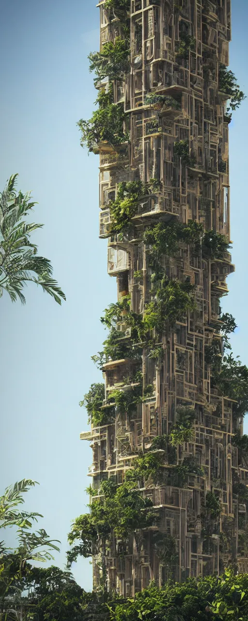 Image similar to solarpunk style, eye level view of a contemporary tower, golden intricate details, stone facade, sacred architecture, hanging gardens, cascading highrise, arid mountains with lush palm forest, photorealistic, sunlight, 8 k, post - production, octane, cgi, sfx