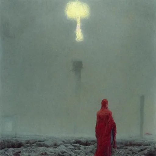 Prompt: a woman covered in white ash with red hair, standing on a post apocalyptic snow fiels with shadows of former civilzations, painted by beksinski