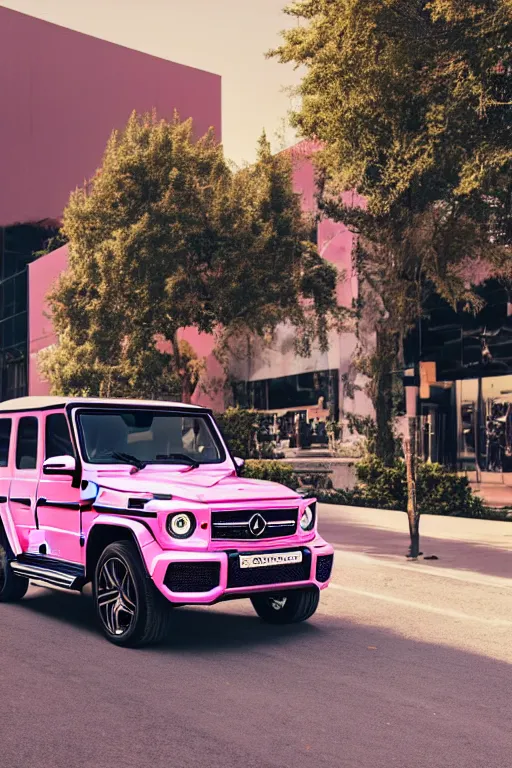 Prompt: Photo of a pink Mercedes-Benz G63 parked on the road with a Prada Store in the background, front view, california, wide shot, poster, rule of thirds, photo print, golden hour, daylight, vibrant, volumetric lighting, award winning