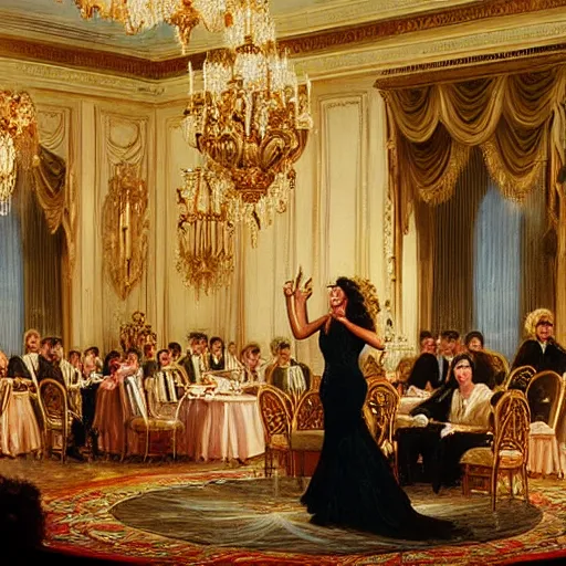 Prompt: closeup on a beautiful woman singing in front of a crowd, opulent anglocore ballroom with tall ceilings and tall windows, French provincial furniture, a beautiful tall princess is singing, a beautiful woman singing, musicians playing instruments, Men in tuxedos, Volumetric light rays, fancy drapery on furniture, palace, victorian, by Greg Rutkowski