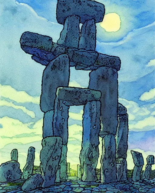 Image similar to a hyperrealist studio ghibli watercolor fantasy concept art. in the foreground is a giant grey octopus building and putting stones in to place on top of stonehenge with a starry sky. by rebecca guay, michael kaluta, charles vess