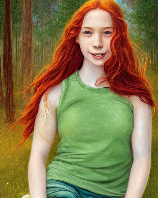 Image similar to shy young woman, smiling, amazed by the lights of golden fireflies, sitting in the midst of nature fully covered, long loose red hair, intricate linework, dreamy green eyes, small nose with freckles, oval shape face, realistic, expressive emotions, dramatic lights, spiritual scene, hyper realistic ultrafine digital art by james jean and albert bierstadt and artgerm