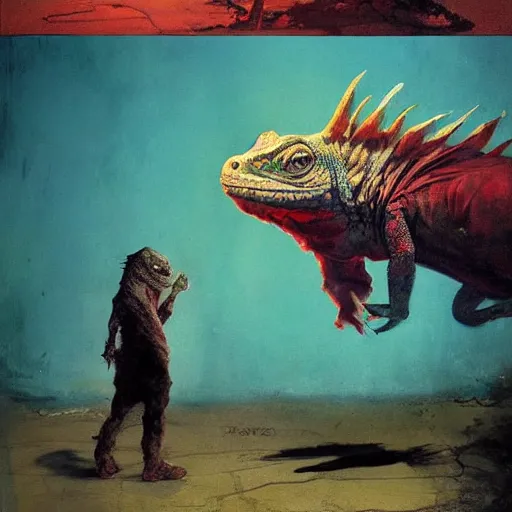 Image similar to Graffiti a gnome metamorphoses into an iguana in stages concept art by frank frazetta simon stalenhag greg rutkowski andrew wyeth niel welliver peter doig robert rauschenberg mark ryden