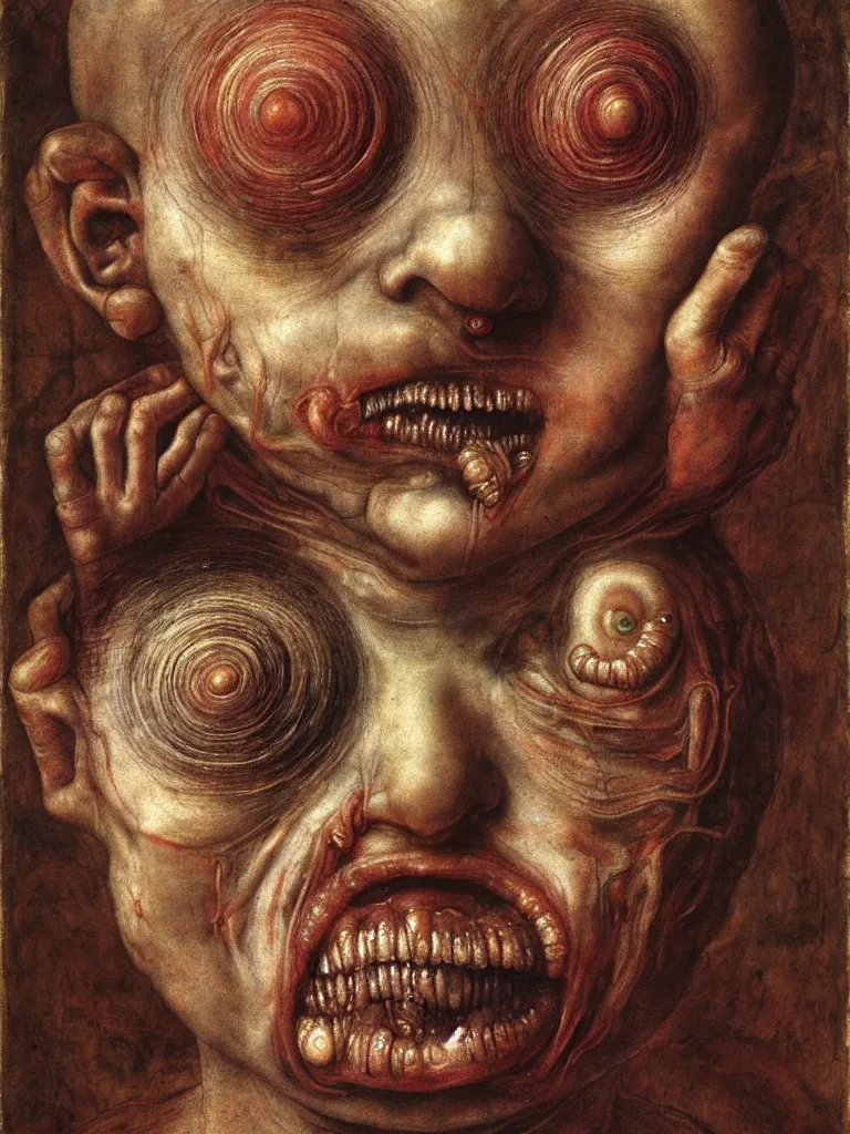 Image similar to a boy made of worms, looking straight into camera, by giuseppe arcimboldo and ambrosius benson, renaissance, a touch of beksinski and hr giger and edward munch, realistic