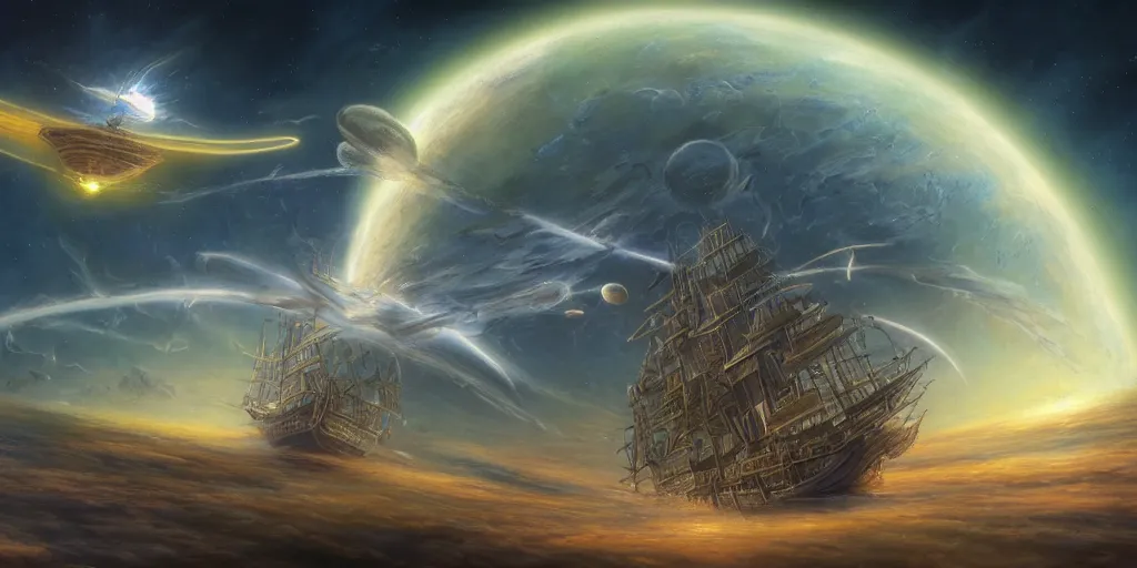 Image similar to Photorealistic epic science fiction painting of one solitary flying tall ship in space, flying past galaxies, by Rodney Matthews and Roger Dean. spelljammer, photorealism, UHD, amazing depth, glowing, golden ratio, 3D octane cycle unreal engine 5, volumetric lighting, cinematic lighting, cgstation artstation concept art