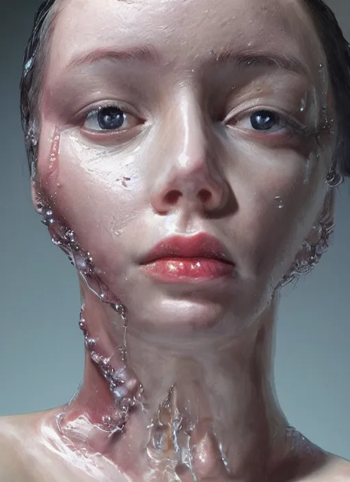 Image similar to portrait of a girl, resin dripping down her, hyper-realistic, high-tech