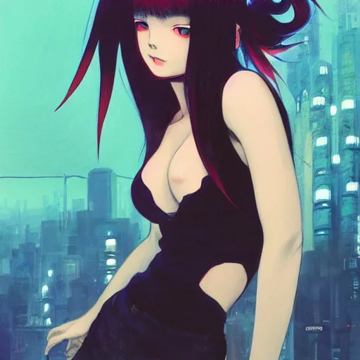 Image similar to A beautiful demon woman with big and cute red eyes || VERY ANIME, fine-face, realistic shaded perfect face, fine details. Anime. realistic shaded lighting poster by Ilya Kuvshinov katsuhiro otomo ghost-in-the-shell, magali villeneuve, artgerm, Jeremy Lipkin and Michael Garmash, Rob Rey and Kentarõ Miura style, trending on art station