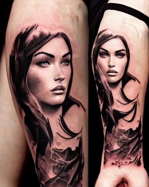 Image similar to creative double exposure effect tattoo design sketch of megan fox faded in beautiful mountain scenery, realism tattoo, in the style of matteo pasqualin, amazing detail, sharp