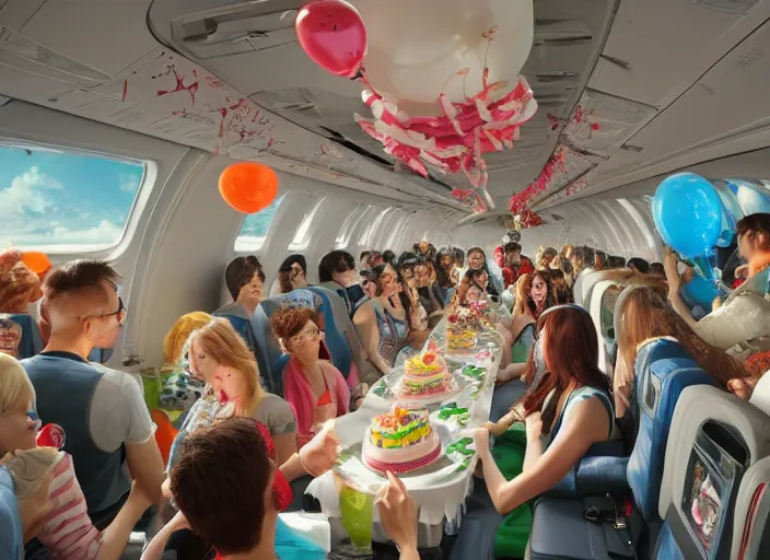 Image similar to boeing 737 cabin, many zombies, birthday party, party hats, string of balloons, one big birthday cake, realistic, insanely detailed, wide angle, Unreal 5 engine, trending on artstation, by Huang Guangjian and Gil Elvgren and Sachin Teng