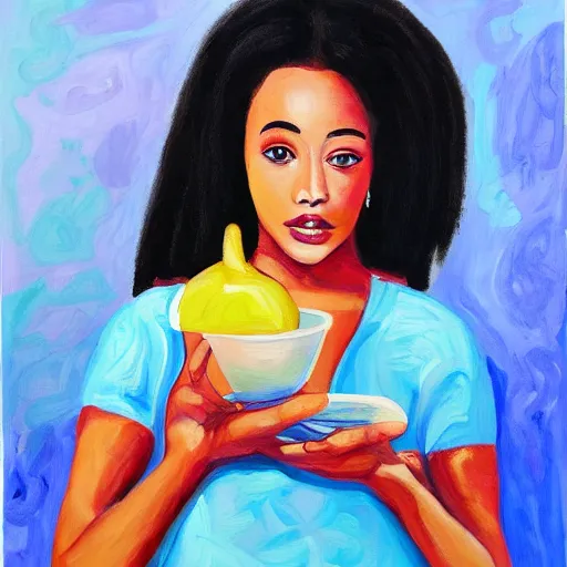 Prompt: Portrait of Doja Cat holding a spoon in her hand, painting of