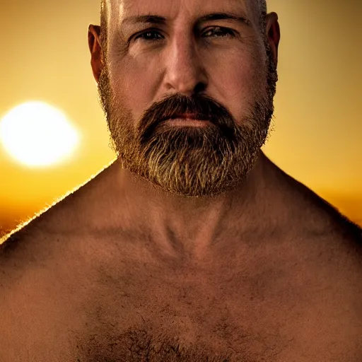 Image similar to 8k photography from a balded middle aged man with a short goatee beard , golden hour, Photography by Jimmy Nelson