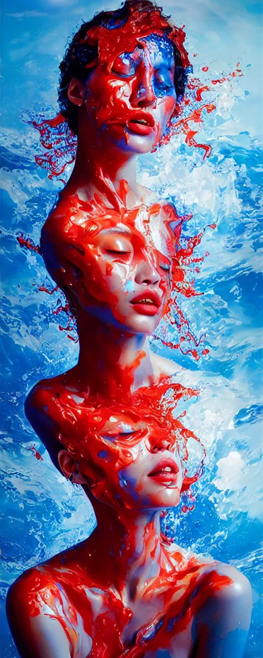 Image similar to 3 d, crying fashion model, flame, liquid deep blue and red water, sun, vogue cover style, poster art, high detail, intricate oil painting, multiple exposure, heaven mood, hyperrealism, 3 d, by tooth wu and wlop and beeple and greg rutkowski