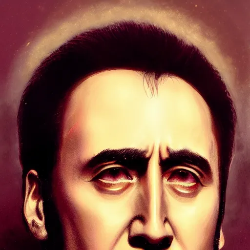 Image similar to Portrait of a Nic Cage , art by Albert Bierstadt and James Gurney, highly detailed, digital painting, matte painting, concept art, illustration, oppressive lighting, trending on artstation, very detailed