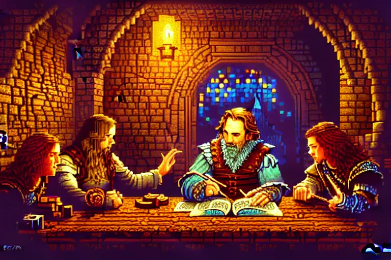 Image similar to the bard's tale, beautiful detailed pixelart by albertov, intricate details, beautiful, dithered gradients, volumetric lighting, cgsociety, artstation, smooth, sharp focus, 2 d illustration, amazing art by dan mumford, old school computer game graphics, crpg, d & d, pixel art