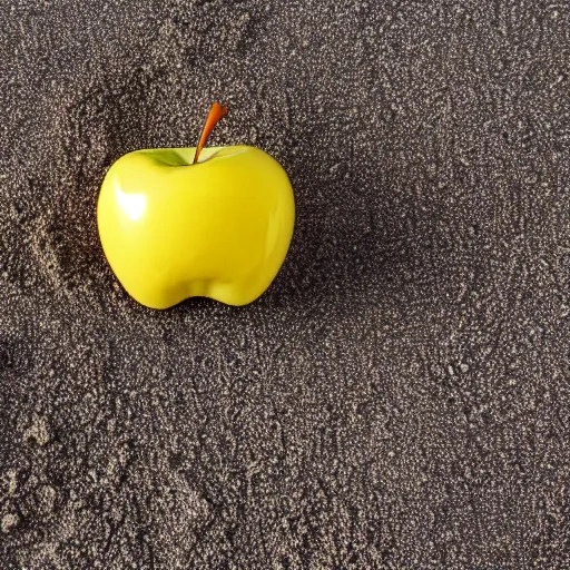 Image similar to A plastic apple in a exposure room exploding into thousands of grey sand pieces flying in all directions, the grey sand pieces leave a gray sand trail, 40nm lens, shallow depth of field, split lighting, 4k,