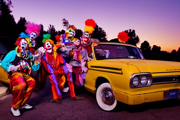 Image similar to 2 0 clowns leaving a clowncar at a california drive in, in 2 0 1 2, cutecore clowncore, bathed in the the glow of the sunset, low - light photograph, in style of monkeybone