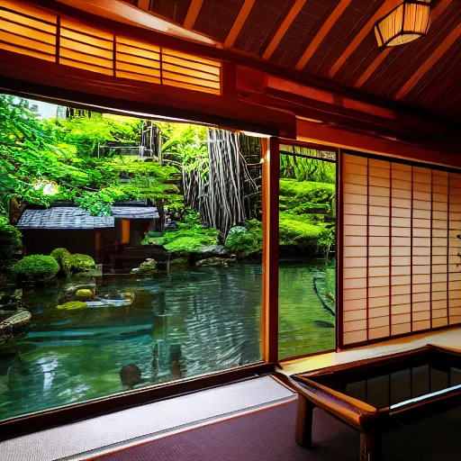 Image similar to inside a cozy dark wooden Japanese house with a indoor koi pond, bonsai trees, stream flowing through the house,fireflies, wild flowers, raining, bamboo forest, night time