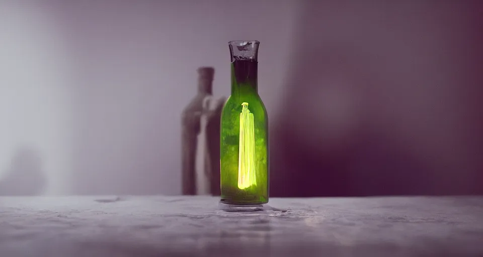 Prompt: a magical bottle on a table, atmospheric lighting, cinematic, 4 k, cinematic composition