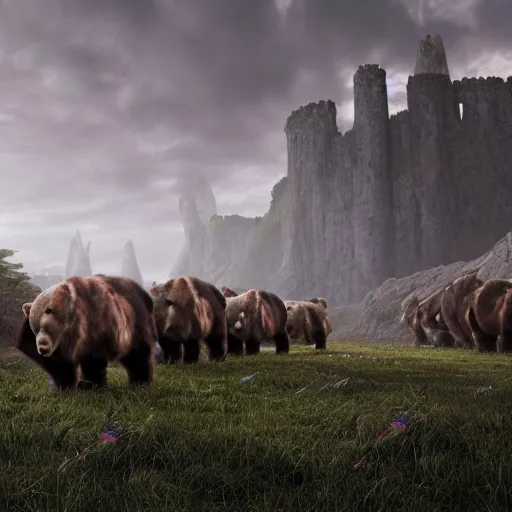 Image similar to an line of armored bears facing a line of cyber-bulls, magical forest, fantasy, Ireland, England, king Arthur, Lord of the rings, cinematic, realistic style, beautiful, majestic, dramatic lighting, early morning, dawn CGsociety, realistic, hyper maximalist, golden ratio, octane render, rule of thirds, wide shot , 8k resolution, epic volumetric light, cinematography, concept art, Artstation trending, environments, fantasy