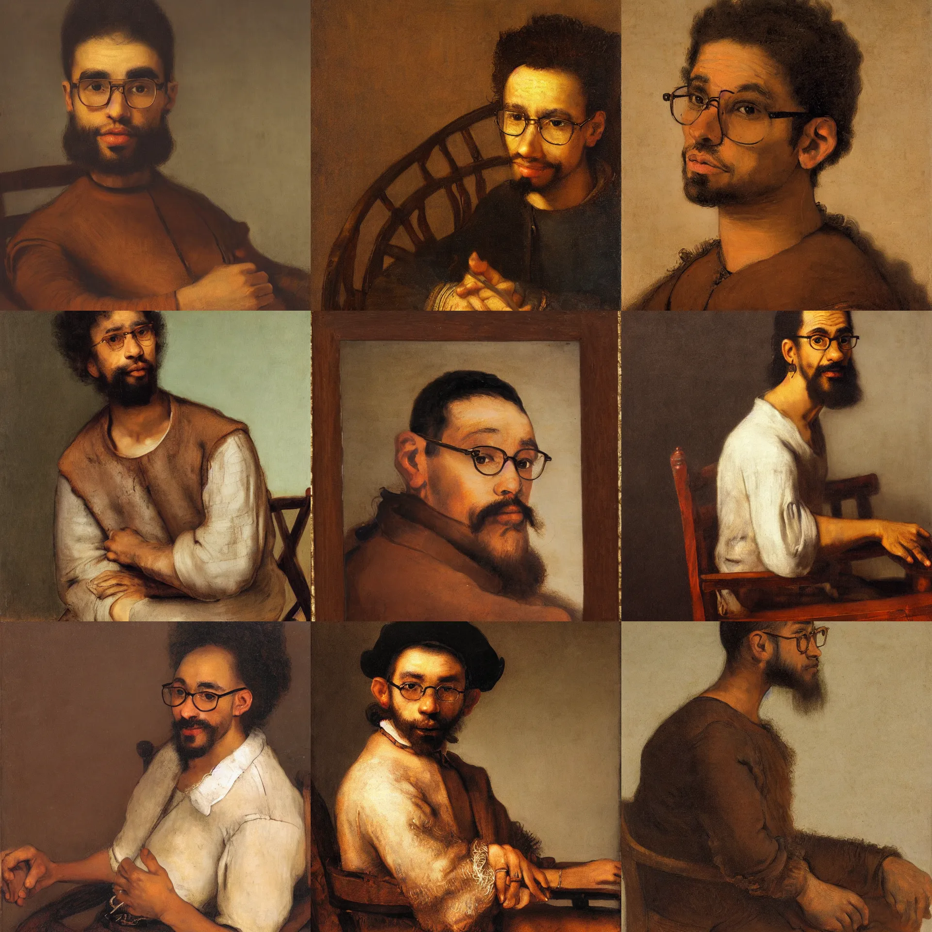 Prompt: 3 / 4 view portrait of a young latino skinny man, brown skin, wavy short hair, goatee, wearing glasses, seated on wooden chair, close up, light brown background, painted by rembrandt