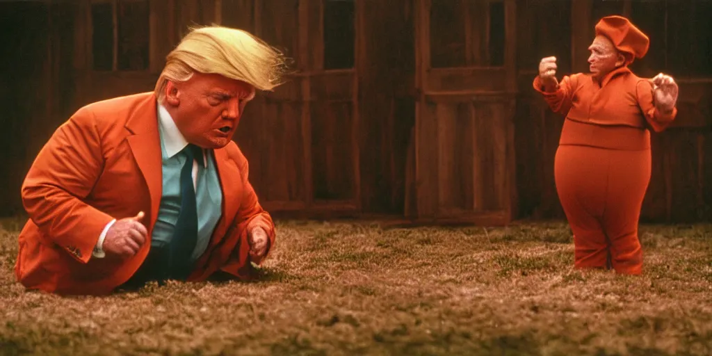 Image similar to detailed medium format photo, polaroid still from tarkovsky movie, donald trump as an oompa loompa, haze, high production value, intricate details, 8 k resolution, hyperrealistic, hdr, photorealistic, high definition, tehnicolor, award - winning photography, masterpiece, amazing colors