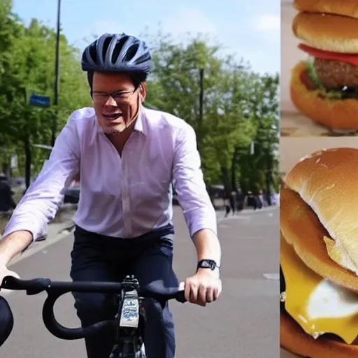 Prompt: mark rutte on a bicycle eating a hamburger