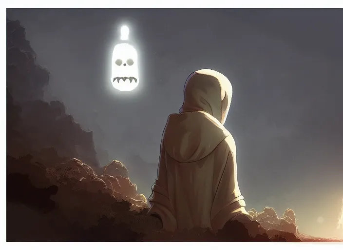 Image similar to a creepy white robed being kneeling in front of a giant golden god in the darkness, ghibli style, artstation