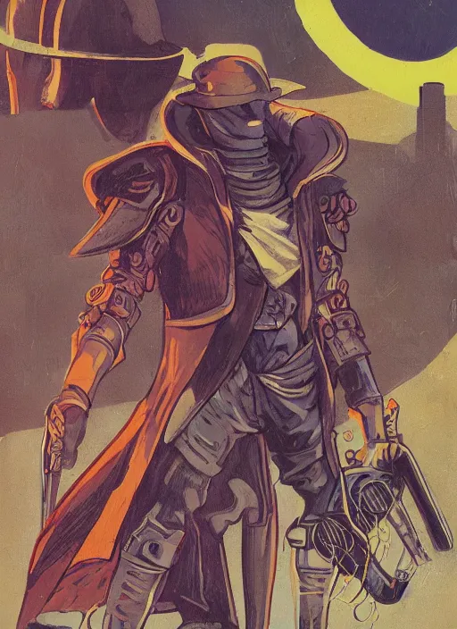 Prompt: a retrofuturism hunter from bloodborne in yharnam vs robot, style by retrofuturism, faded red and yelow, by malcolm smith, old comics in city, nicholas roerich