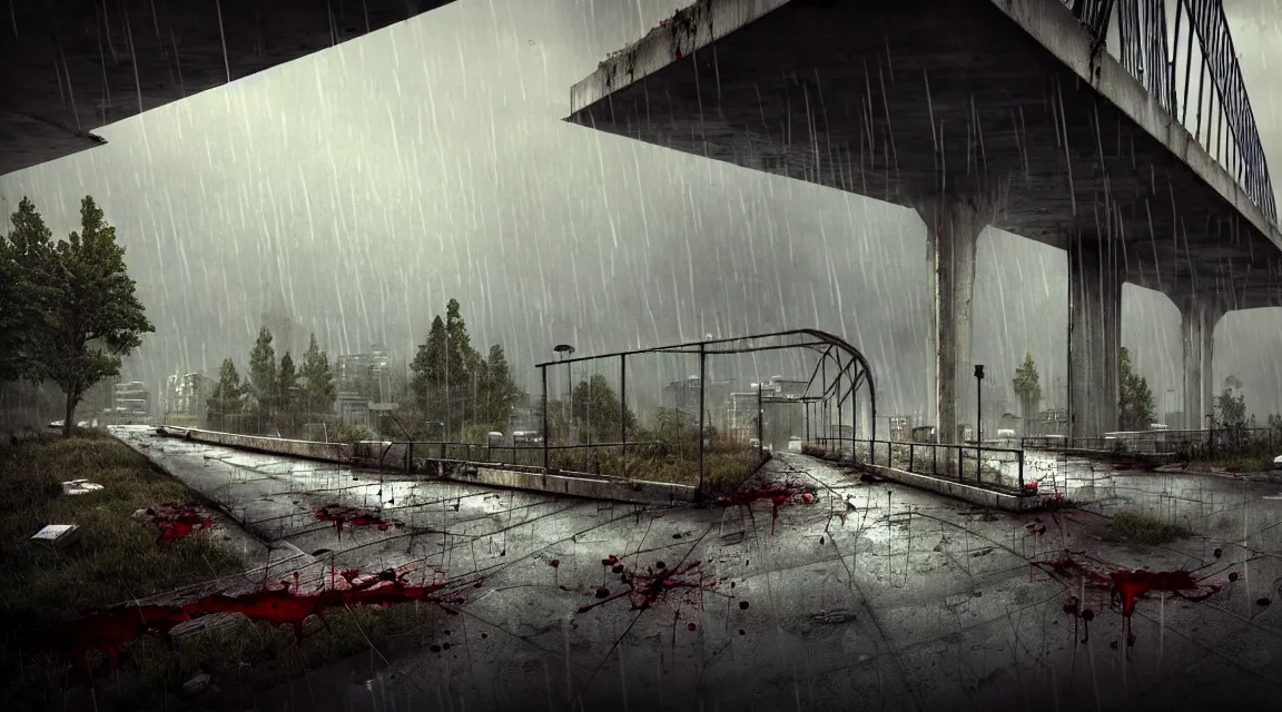 Image similar to post apocalyptic bridge, raining, building, avenue, modern contemporary urban americana concrete architecture, by pascal blanche, neil blevins, apocalyptic color palette, trending on artstation, photorealistic, wilderness ambiance, ultra detailed, high definition, depth of field, bokeh, rubble, wild vegetation, blood stains, building crumbling