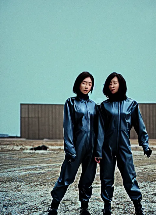 Image similar to cinestill 5 0 d photographic portrait of two loving clones, techwear women on a desolate plain, a brutalist metal building in the background, depth of field, 4 k, 8 k, hd, full color