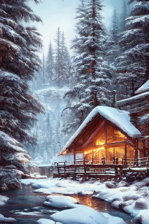 Prompt: snowy cozy lodge by a small river in a forrest in canadian mountains in the evening sun, by philippe gare, artstation, greg rutkowski
