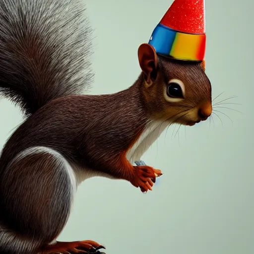 Image similar to a squirrel with a party hat on its head, hyperdetailed, artstation, cgsociety, 8 k