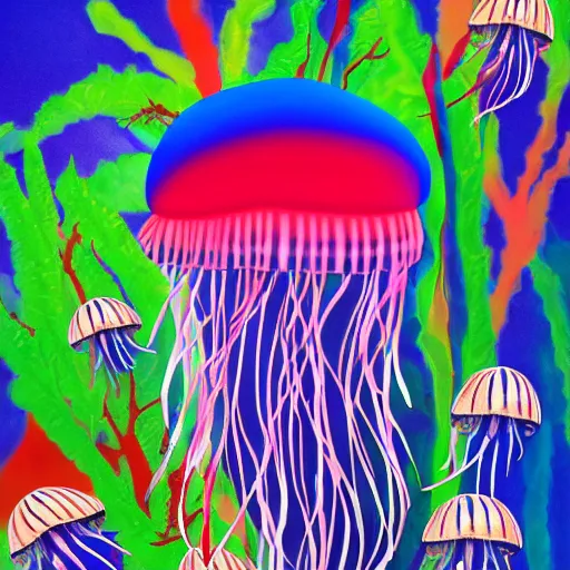 Prompt: jellyfish beach jungle red blue purple explosion